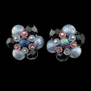 Western Germany Vintage Estate Signed Blue Black Pink Beaded Clip On Earrings